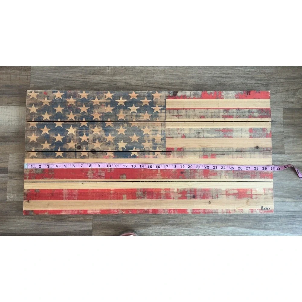 Signed‎ Parvez Taj Wooden U.S. Flag Art Patriotic SZ: 31